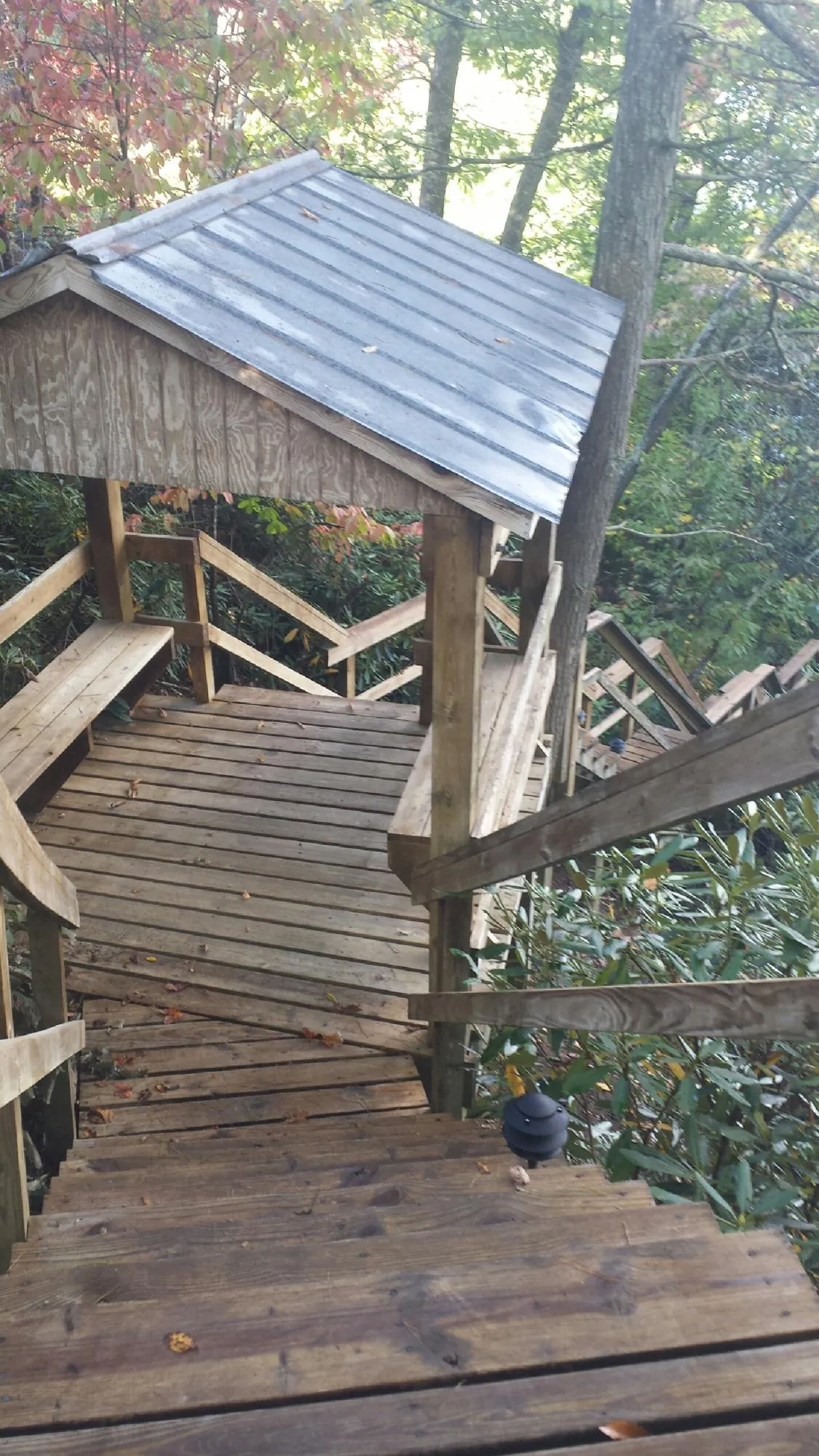 Metal roofed shelter over wooden steps on a wooded walkway — Skylight Repair & Installation work by our crew in Loudonville